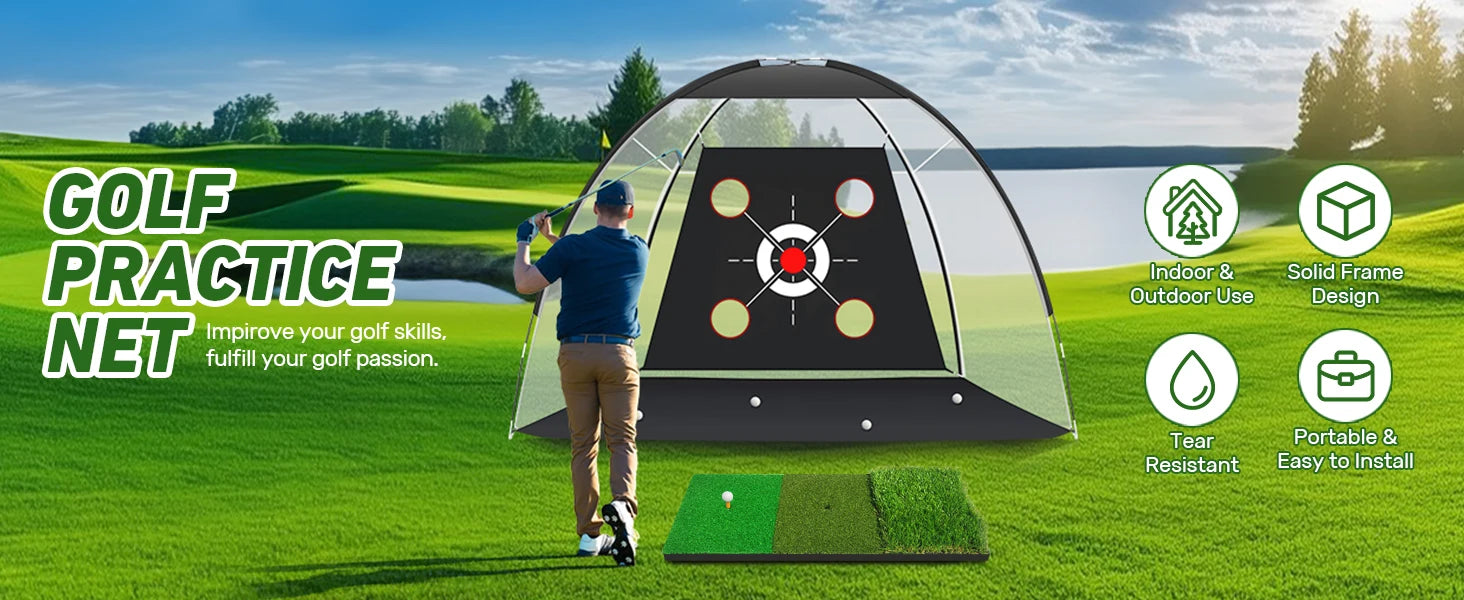 10x7FT Golf Hitting Net with Practice Mat - Includes Target Cloth and Golf Balls