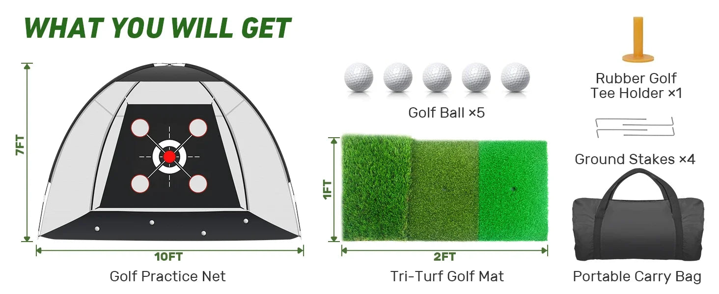 10x7FT Golf Hitting Net with Practice Mat - Includes Target Cloth and Golf Balls